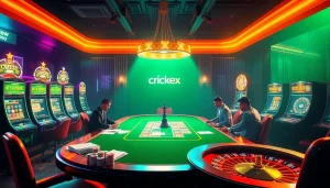 Crickex cricket betting scene with players, poker chips, and vibrant casino atmosphere.