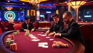 Hello88 poker players strategizing at a vibrant casino table, showcasing luxury and excitement.