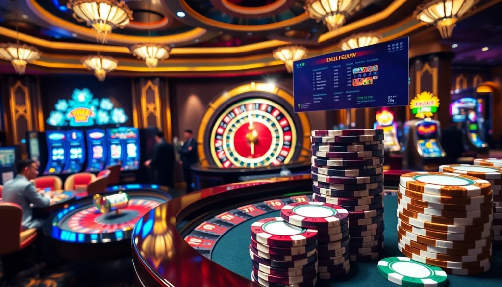 Experience the thrill of winning at 5Z7779 com's luxurious casino scene with roulette and poker chips.