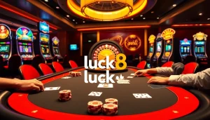 Gamblers enjoying a thrilling poker game at luck8, featuring vibrant casino ambiance and excitement.