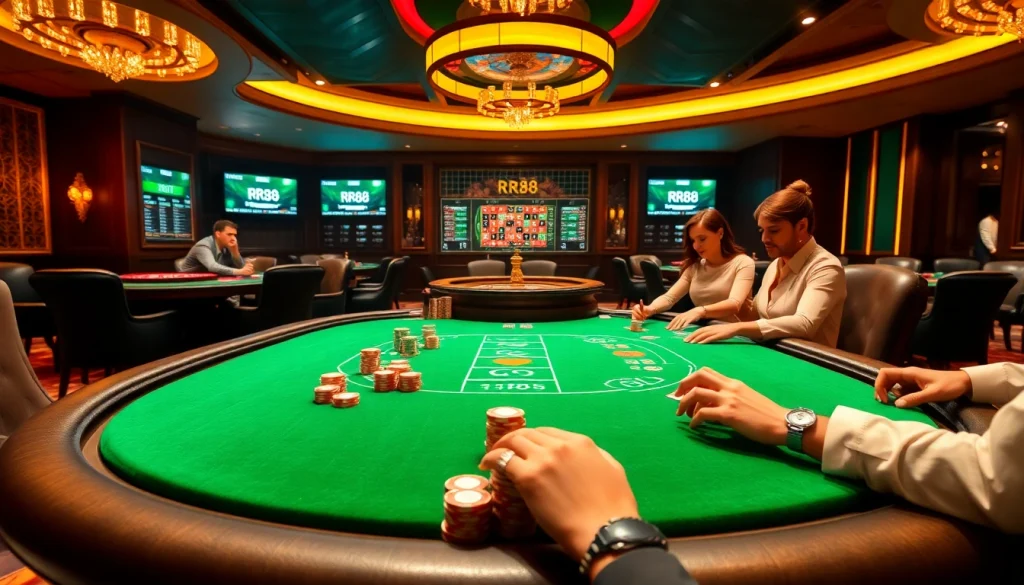 Players engaging in a thrilling poker game at a luxurious RR88 casino, surrounded by vibrant betting energy.
