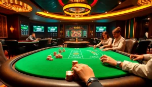 Players engaging in a thrilling poker game at a luxurious RR88 casino, surrounded by vibrant betting energy.