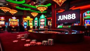 Experience the excitement of JUN88 with vibrant casino visuals showcasing roulette and poker.