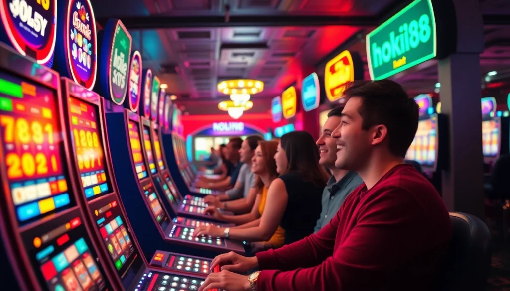 Experience the thrill of the hoki138 online casino with vibrant slot machines and excited players.