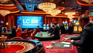 Exciting casino scene featuring LC 88, roulette wheels, poker tables, and vibrant gaming lights.