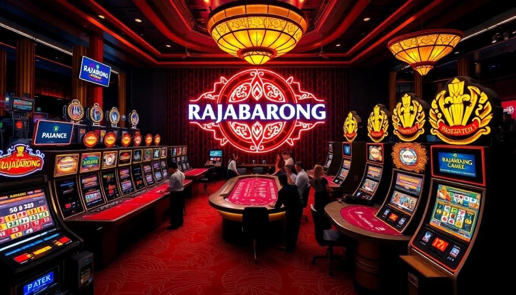 Engaging gamblers around vibrant slot machines and poker tables featuring RAJABARONG symbol.