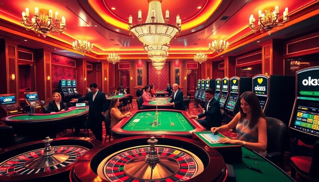 Experience thrilling gameplay at ok365 with vibrant casino tables and players engaged in bets.
