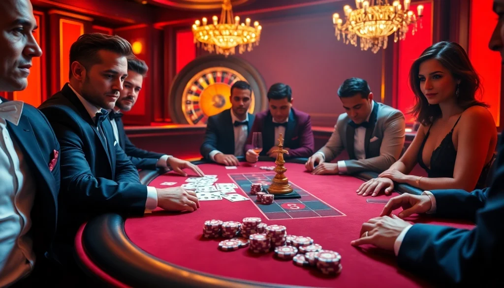 S8 poker game scene depicting players strategizing with high-stakes chips and an elegant atmosphere.