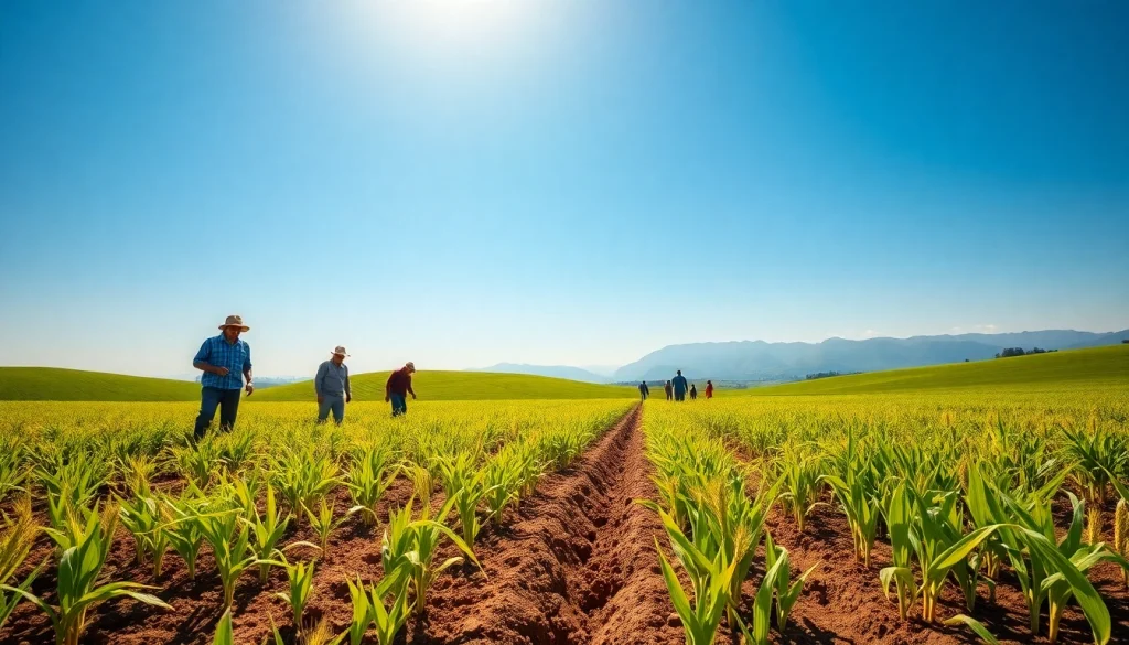 Petani toto harvesting crops in a vibrant lush green field showcasing teamwork.