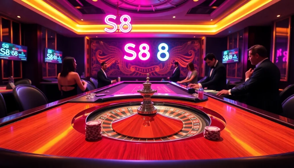 S8 Casino scene with luxurious gaming table, players engaging in poker, and vibrant roulette wheel.