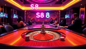 S8 Casino scene with luxurious gaming table, players engaging in poker, and vibrant roulette wheel.