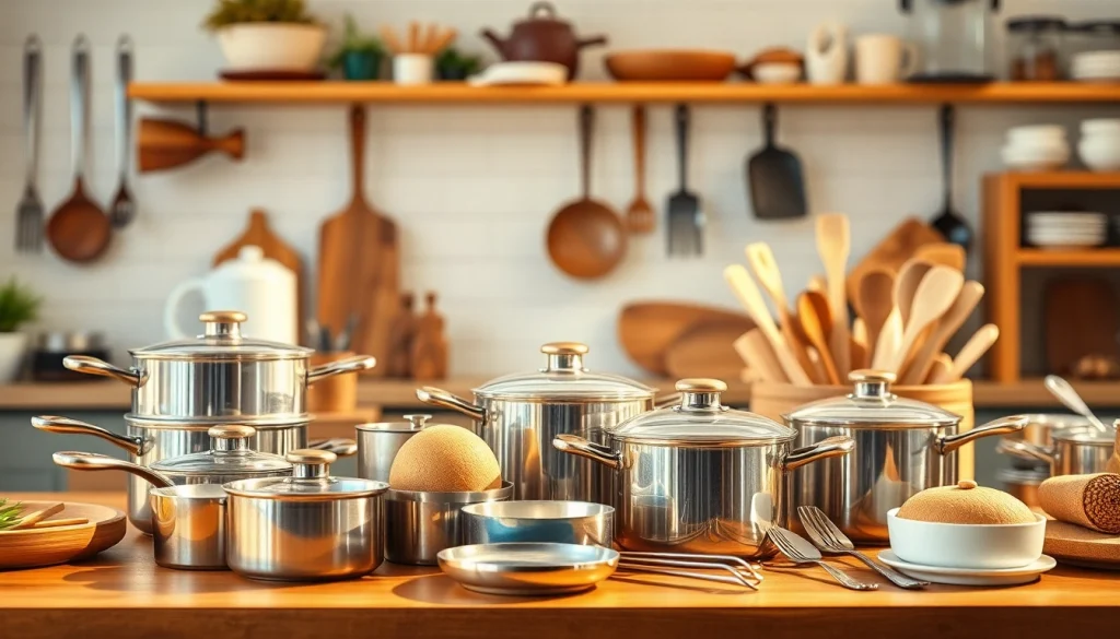 Showcase of premium kitchenware NZ on a wooden countertop in natural light.