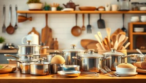 Showcase of premium kitchenware NZ on a wooden countertop in natural light.