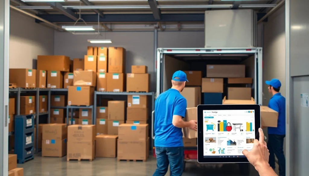 Moving and Storage facility in San Diego with movers and organized storage boxes.