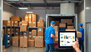 Moving and Storage facility in San Diego with movers and organized storage boxes.