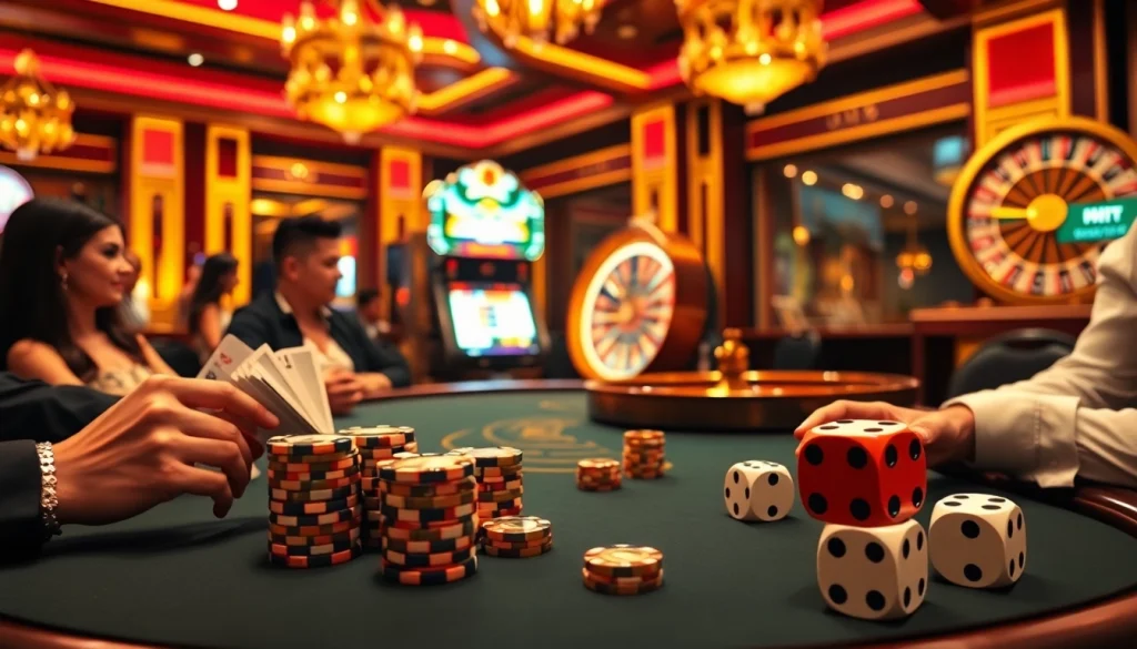 Exciting poker game at https://lc88comm.com/ with vibrant chips and cards in a luxurious casino setting.