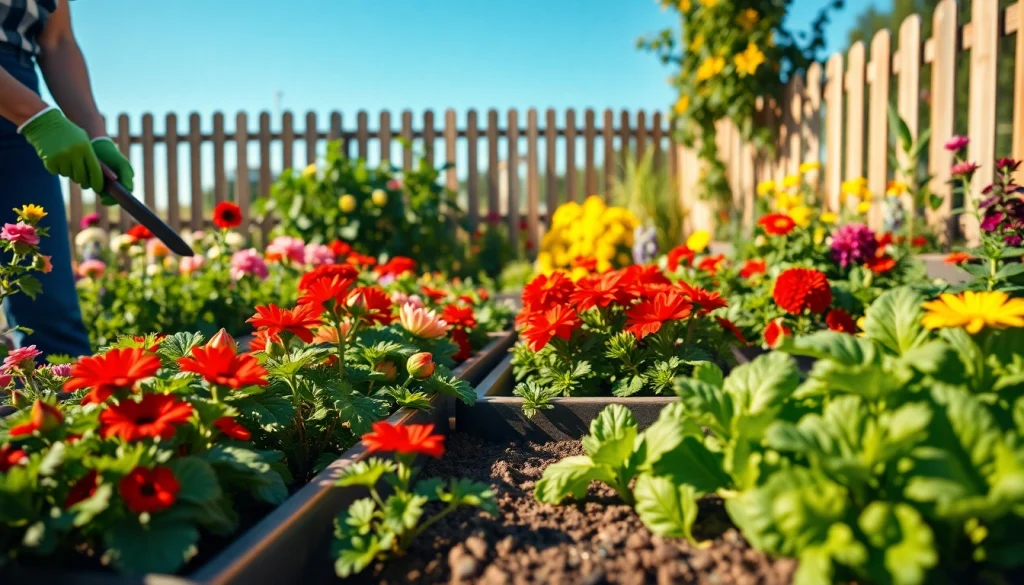 Gardening scene with vibrant flowers and vegetables, inviting atmosphere for plant care.