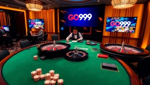 Experience the thrill of winning at Go99 with a luxurious casino scene featuring vibrant gaming tables and professional dealers.