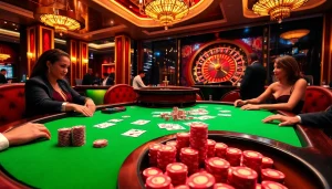 Engage in the thrilling game go88 at an upscale casino with poker action visible.