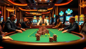 HB88 poker table with players and colorful slot machines in a luxurious casino setting