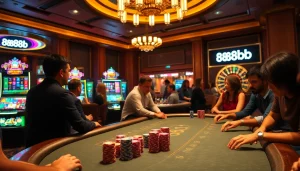 Experience thrilling gameplay with 888b at a luxurious casino poker table.