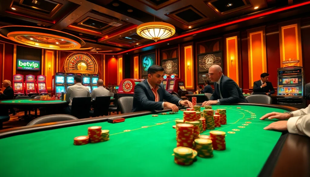 Người chơi Betvip đang tận hưởng một ván cược đầy kịch tính trên bàn casino sinh động, xung quanh là những chips và sự hào hứng.