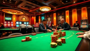 Người chơi Betvip đang tận hưởng một ván cược đầy kịch tính trên bàn casino sinh động, xung quanh là những chips và sự hào hứng.