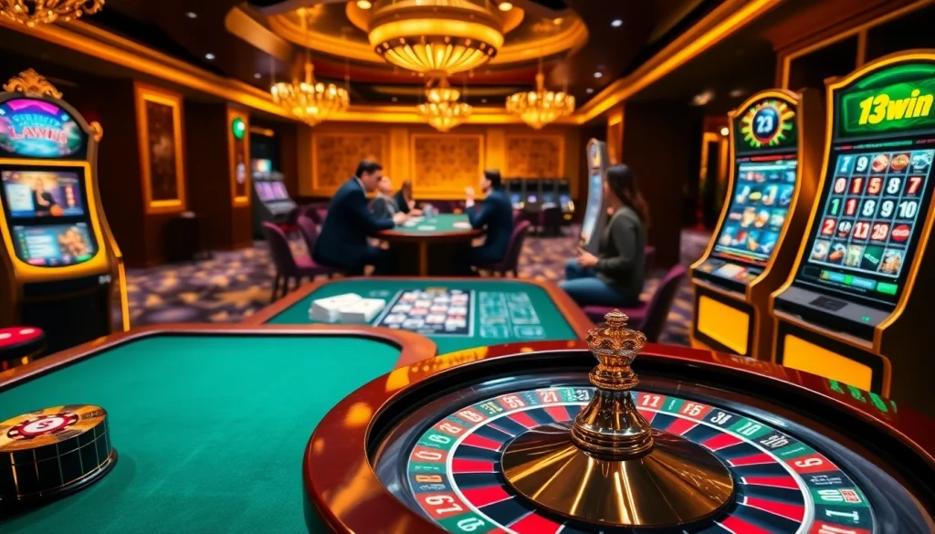 Action-packed casino scene featuring the 13win platform, roulette, and slot games.