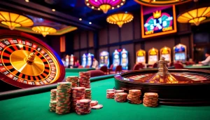 Engaging gambling scene featuring GG88 casino tables and colorful roulette wheel.