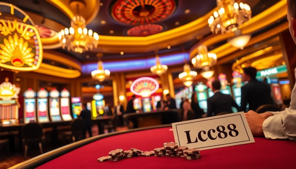Engaging gamblers at a luxurious casino showcasing Lc88 poker chips and lively gaming action.