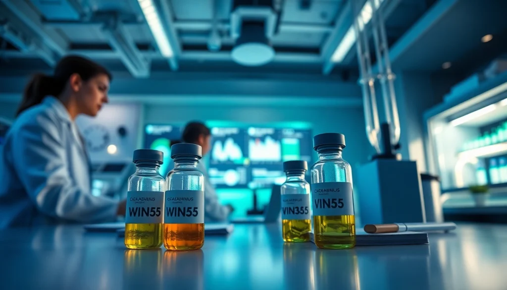 WIN55 cannabinoid research in a modern lab with professionals analyzing data and molecular models.