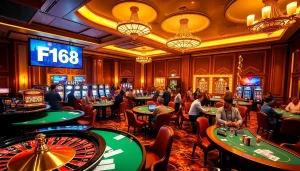 F168 players enjoying various games at a luxurious casino showcasing roulette and poker tables.