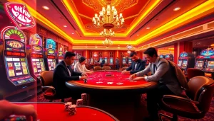 Players engaging at a luxurious casino table while enjoying their favorite games at Okfun.