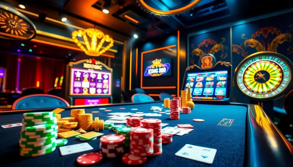 A thrilling casino atmosphere inviting players to experience king88. com with vibrant poker chips and an engaging dealer.
