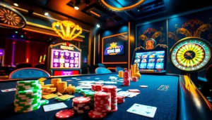 A thrilling casino atmosphere inviting players to experience king88. com with vibrant poker chips and an engaging dealer.