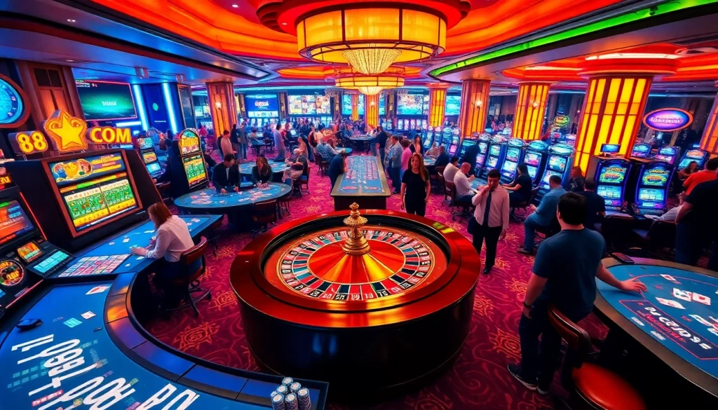 Gamblers enjoying the excitement of 888VI COM at a vibrant casino scene filled with tables and slot machines.