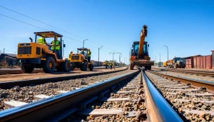 Railroad Track Construction Company team constructing railway tracks with heavy machinery outdoors.