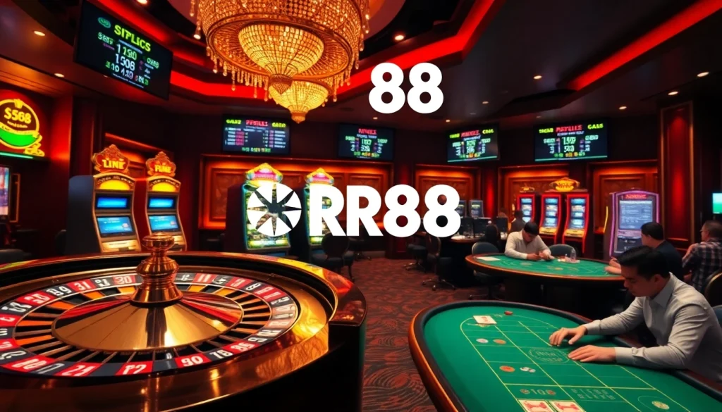 Experience the excitement of gambling at https://rr88.pizza/ with players engaged at the poker table while the roulette spins.