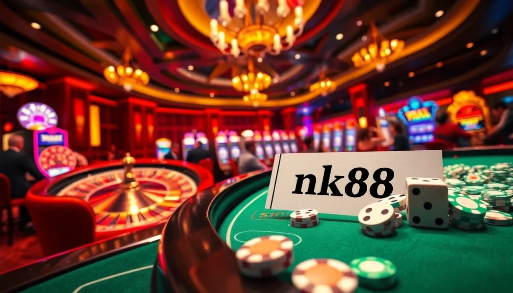 The thrill of casino gaming shines with nk88 on a betting slip amid a lively roulette scene.
