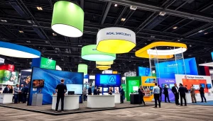 Innovative trade show displays prominently featured at a vibrant event, capturing attention with modern designs.