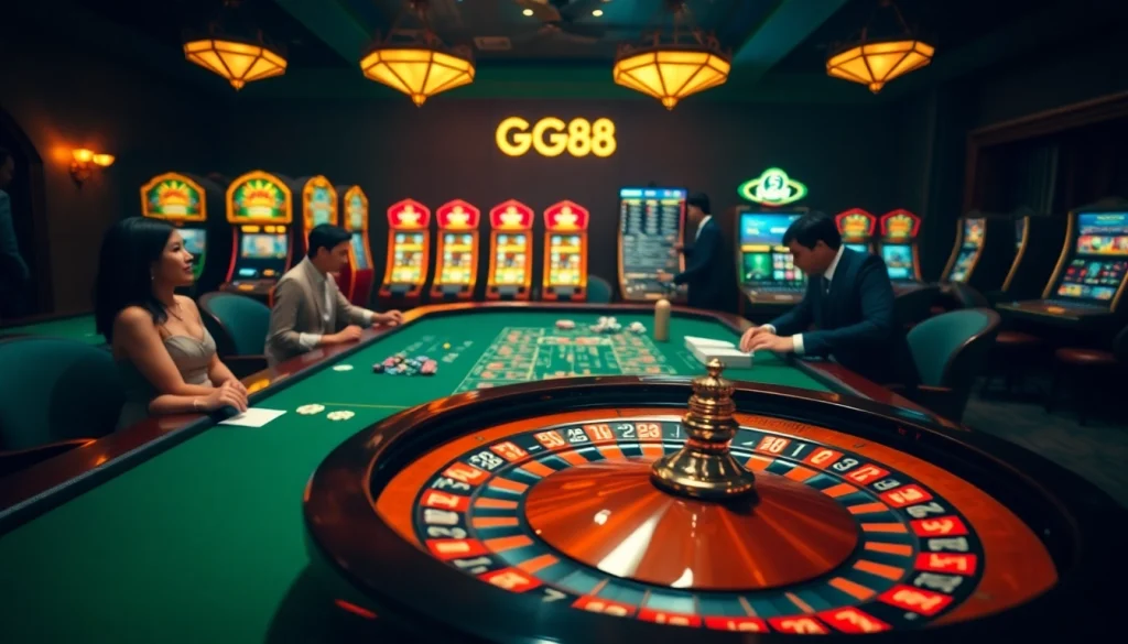 Players enjoying a high-stakes game at GG88 casino with roulette and poker tables.