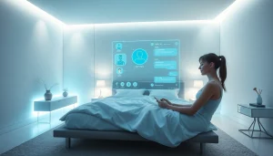 Futuristic AI interface in a modern bedroom showcasing sex AI interactions.