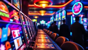 Petani toto bermain di mesin slot yang cerah dan menarik dalam suasana kasino yang hidup.