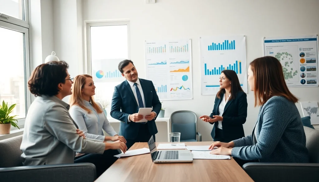 Real Estate agents collaborating effectively in a bright modern office environment.