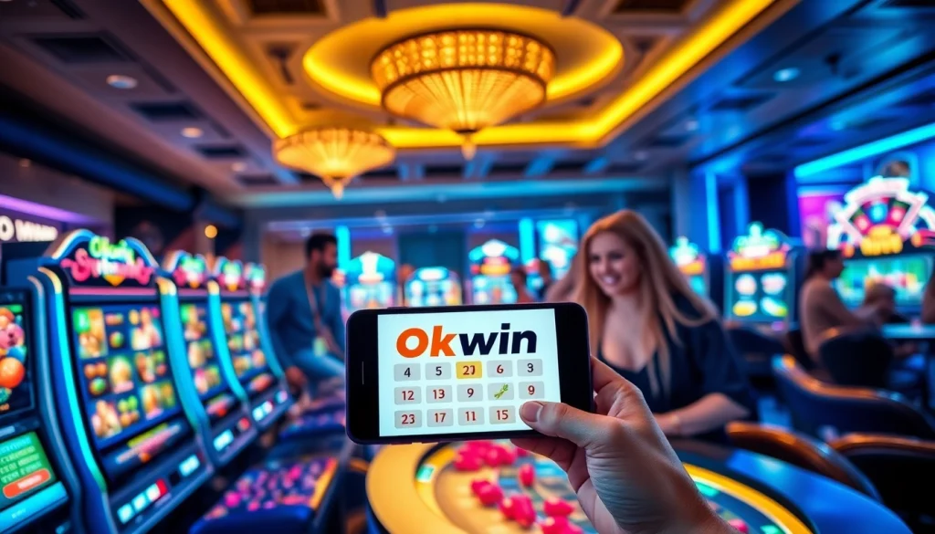 Okwin online gaming experience with vibrant interfaces and players enjoying slot machines and live casino