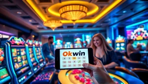 Okwin online gaming experience with vibrant interfaces and players enjoying slot machines and live casino