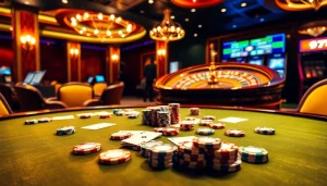 Experience the thrill of gambling at 67bet with a vibrant casino scene featuring poker games and roulette.