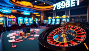 Experience thrilling casino action at 789BET with poker chips and vibrant gaming tables.