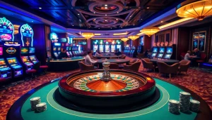 Capture the excitement at https://topclub.space/ with players at a poker table surrounded by slot machines.
