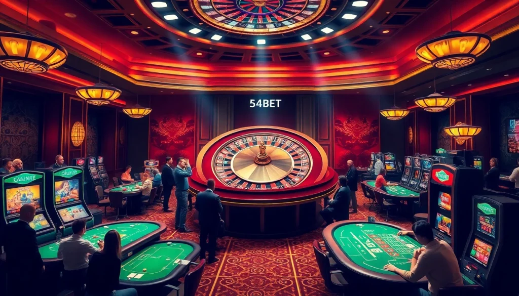 Exciting casino atmosphere at 54BET with players engaging at roulette and poker tables.